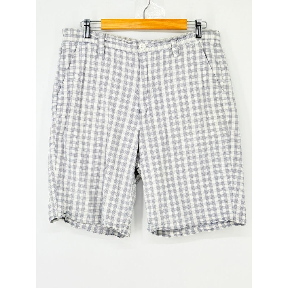 Mens Preppy Seersucker Blue White Plaid Shorts Flat Front Summer Casual 34 Long